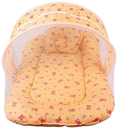 PK Toddler Soft Cotton Mattress with Mosquito Net and Bed (Peach and Orange, Upto 8 Months)