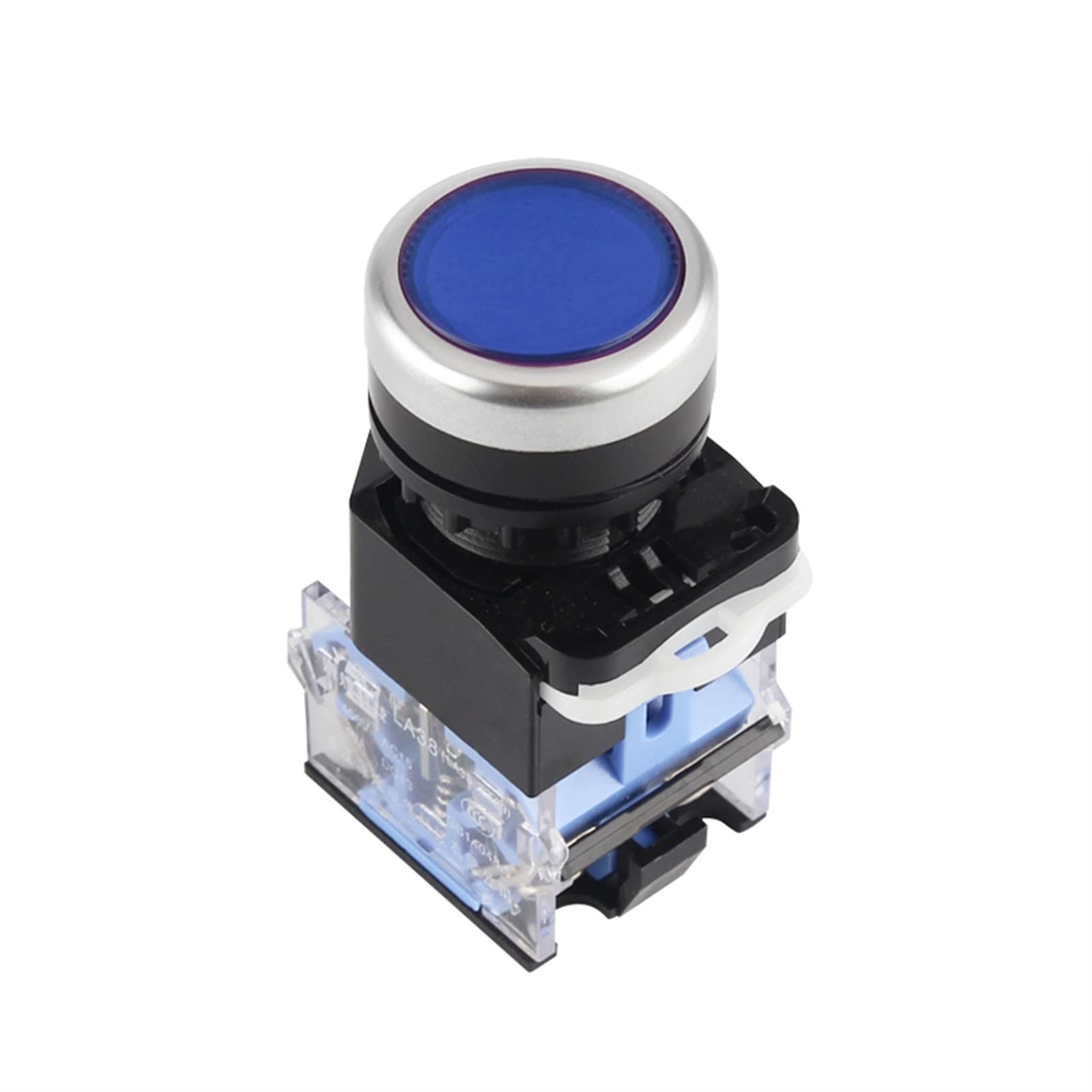 Bouton-poussoir LA38-11BN momentané bleu avec contact NO/NC à 4 vis GUMMMY