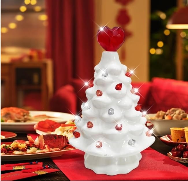Árbol de mesa iluminado de corazón para el día de San Valentín, árbol de cerámica blanca de San Valentín con luces, árbol de cerámica del día de San Valentín de 6.3 pulgadas, para decoración del hogar
