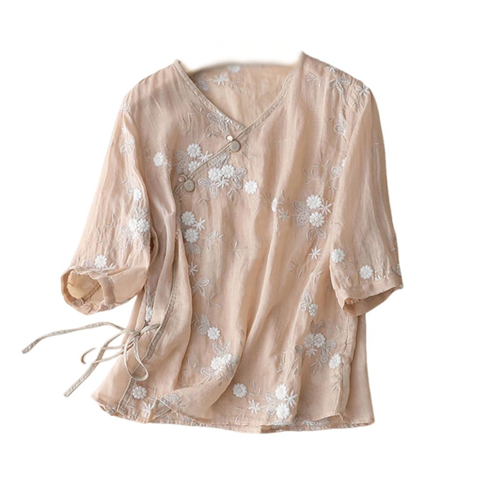 Top da donna a tunica con scollo a V, abbottonatura obliqua laterale con maniche a 3/4, camicetta orientale cinese Zen corto top