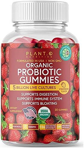 Plant.O Organic Probiotic Gummies for Women, Men & Kids [5 Billion CFUs USDA Certified] Help Support Digestion, Bloating, Constipation & Immune System, Strawberry Flavor, 30 Chewable Probiotics