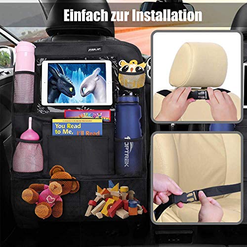 Ezilif Auto Rückenlehnenschutz Kinder, Wasserdicht Sitzschutz Auto Organizer mit 12 Zoll Tasche für iPad/Tablet, Autositz Organizer mit Kick-Matten-Schutz, Schwarz