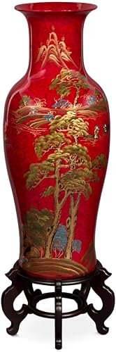 China Furniture Online 36in Red Lacquer Chinoiserie Scenery Motif Chinese Porcelain Vase