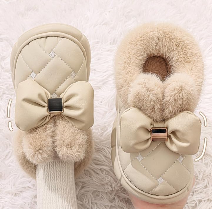 Women's Cute Bowknot Design Plush Lined Slipper, Winter Warm Anti-Skid Waterproof Thick Sole House Boots, Casual Comfortable Furry Bow Slippers