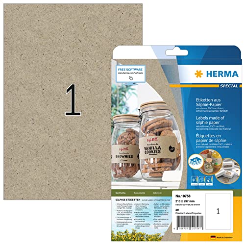 Herma 10758 - Etichette Universali, Formato Din A4, 210 X 297 Mm, 20 Fogli, Carta Silphie, Opaca, Autoadesive, Stampabili, Permanenti, Per Indirizzi, 