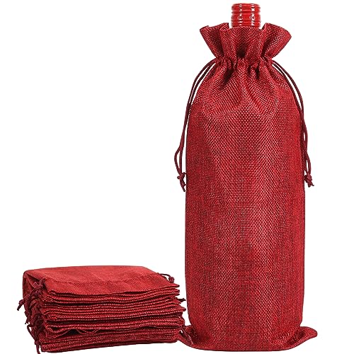 Shintop 10pcs Jute Wine Bags, 13.4 x 5.9 inches Hessian Bottle Gift Bags with Drawstring for Wedding Christmas Wine Tasting Party Favors(Red)