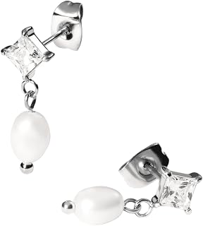 Purelei Elegant Pearl Earrings - Square Zirconia Connector with Iridescent Pearl | Stainless Steel & 14K / 18K Gold Plated | Luxury Look for Everyday and Special Occasions