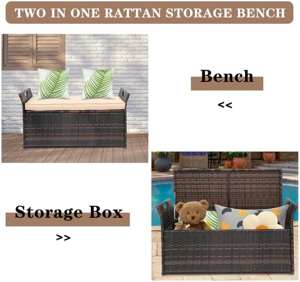 34 Gallon Outdoor Wicker Rattan Storage Bench Deck Box with High Density Foam Seat Cushion for 2 Persons Seating, Patio Garden Yard Poolside Porch Furniture (Brown)