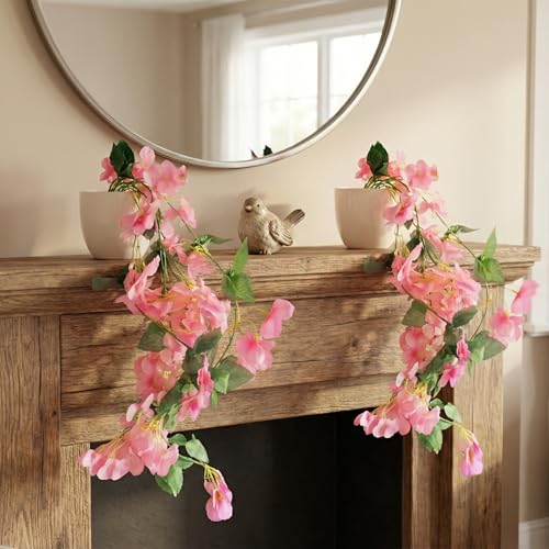 Image of Dekorly Realistic Faux Pink Hanginng Garland Vine with Decorative Pot Elegant Hanging Floral Arrangement for Home Office Styling |100CM (2, Pink)