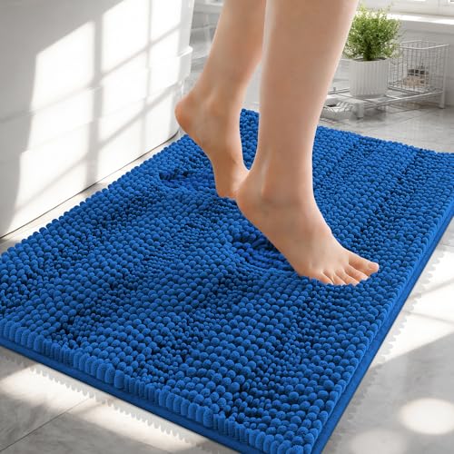 Image of OLANLY Thick Small Bathroom Rugs 24x16, Extra Absorbent Chenille Striped Bath Rugs, Rubber Backing, Machine Wash, Bath Mats for Bathroom Floor, Tub and Shower, Home Decor Accessories, Deep Navy Blue