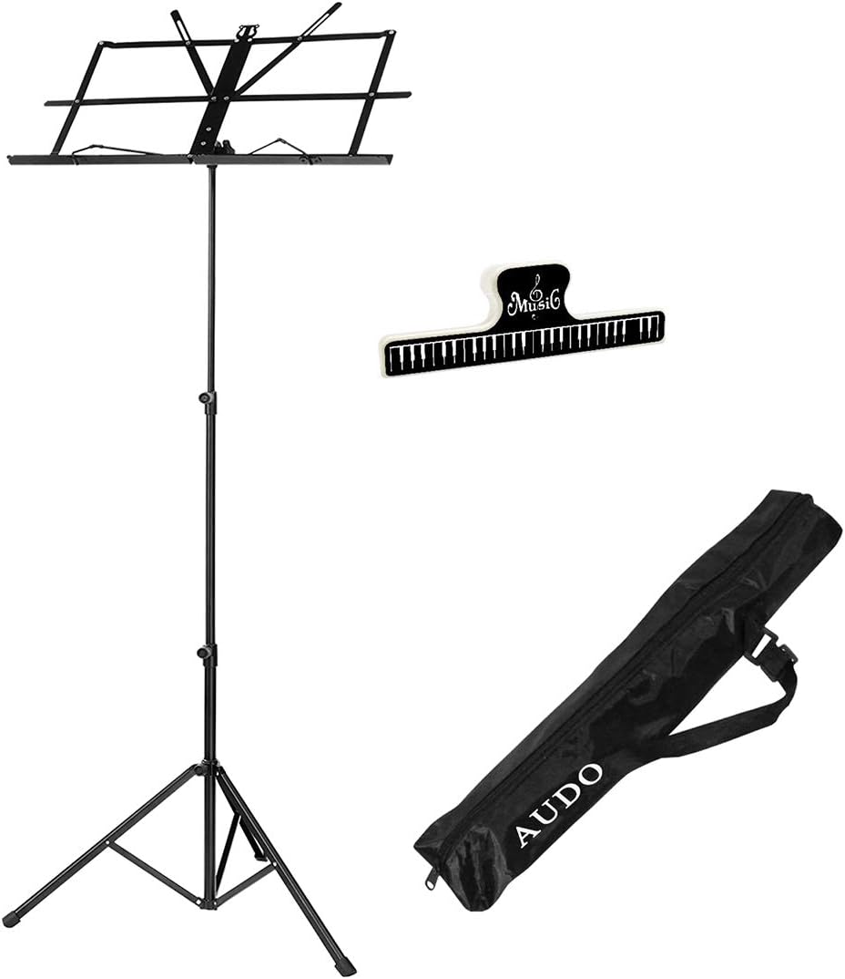 Audo Folding Music Stand with Music Book Clip and Music Stand Carry Bag Black