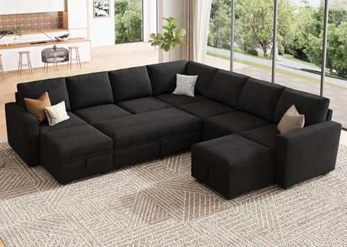 Image of HONBAY Modular Sectional Sleeper Sofa with Pull Out Couch, Oversized U Shaped Sleeper Pull Out Bed with Storage Sectional Couches for Living Room - Black