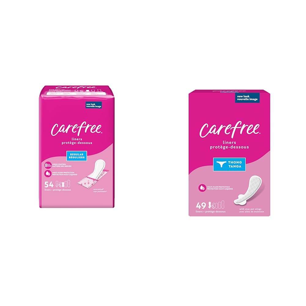Carefree Panty Liners, Regular Liners, Wrapped, Unscented, 54ct (Packaging May Vary) &amp; Thong Regular Liner (Pack of 1) Unscented 49 Count