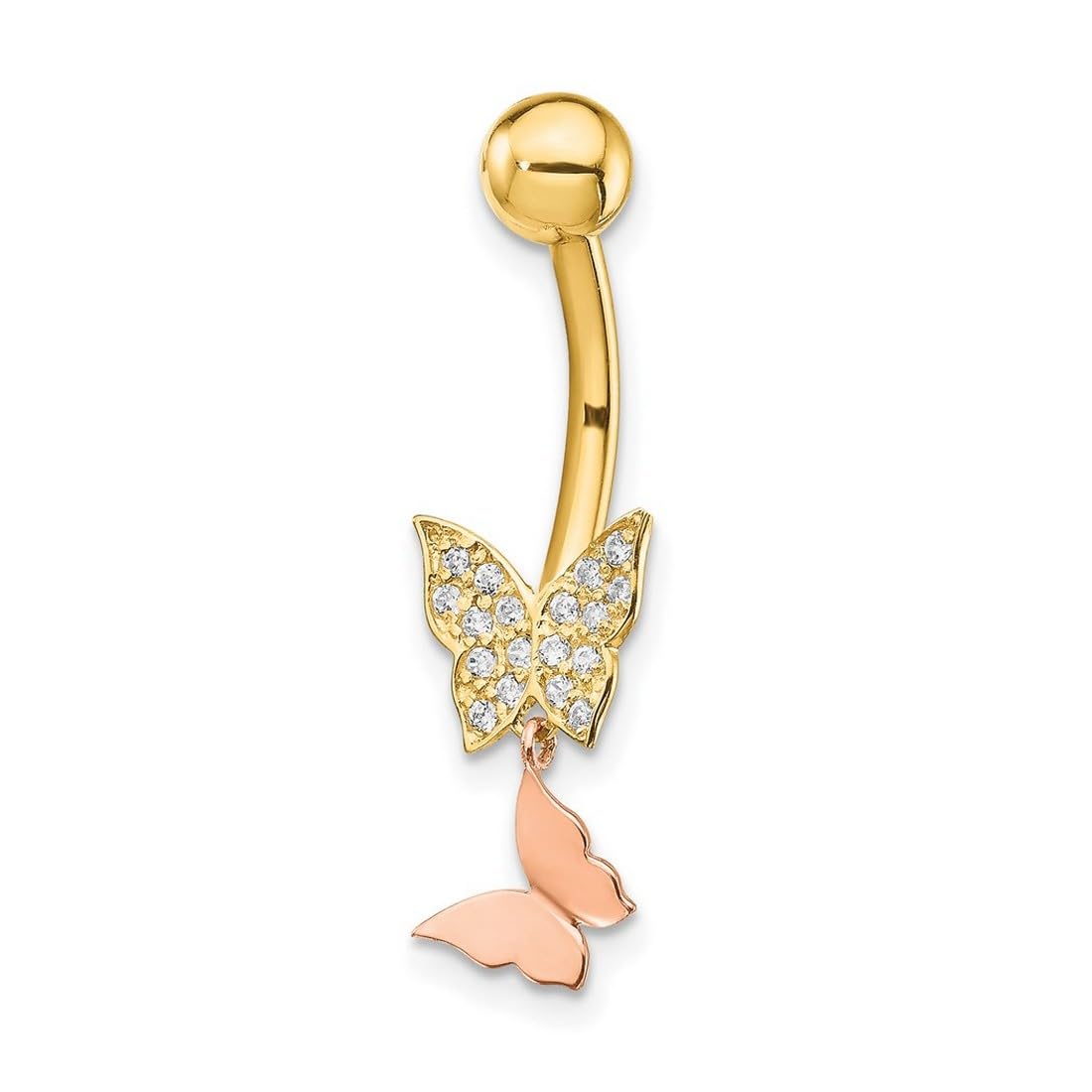 JewelryWeb Bauchnabelpiercing-Ring für Damen, 8,53 mm, 14 Karat massives Gold, zweifarbig, doppelter Zirkonia, künstlicher Diamant, Schmetterling, Engelsflügel, baumelndes Bauchnabelpiercing