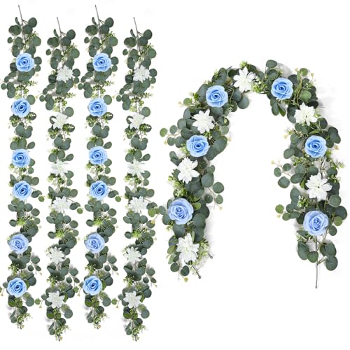 Ovveroche 4 Pack Wedding Garland Set Blue Rose & White Dahlia Hanging Flower Vines for Wedding Arch Backdrop Mantel Home Decor (5.91ft)