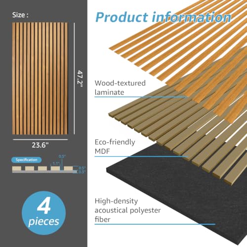 Image of Art3d 4-Pack Fluted Acoustic Wood Slat Wall Panel, 47.2 x 23.6 Inch, Teak