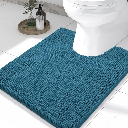 Smiry Luxury Chenille Toilet Rugs U-Shaped 24x20, Soft Absorbent Non-Slip Contour Bathroom Rugs for Toilet, Machine Washable Contoured Bath Mats, Peacock Blue