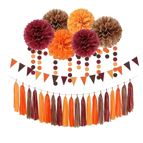 Boho Baby-Shower Burgundy-Brown Orange Party-Decorations - 23pcs Thanksgiving Fall Autumn Tissue Pom Poms Streamers,Neutral Birthday Rustic Wedding Bridal Engagement Tassel Garland Banner Ouruola
