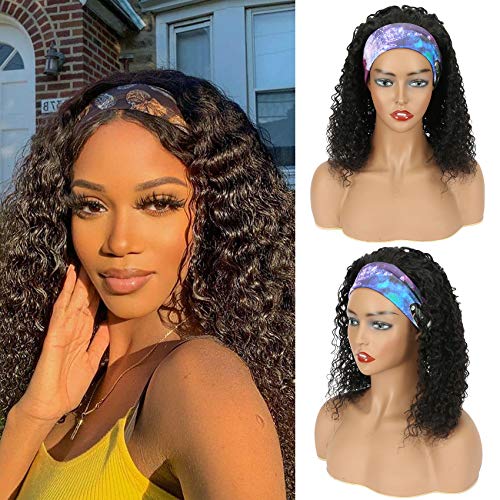 HeadBand Scarf Wig Kinky Curly Wigs Glueless None Lace Front Wigs Machine Made Headband Wig for Black Women wear and go (16 Inch black)