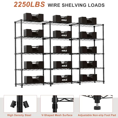Image of 5 Tier Storage Shelves 71''W Wire Shelving Unit with Shelf Heavy Duty Metal Shelves for Storage Adjustable Garage Shelving Rack Pantry Kitchen, 71''W X 59 inch H X 13.7 inch D