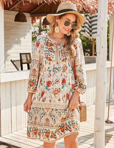 Image of Bluetime Women Casual Summer Dress Boho V Neck 3 /4 Sleeve Babydoll Floral Print Flowy Beach Dress