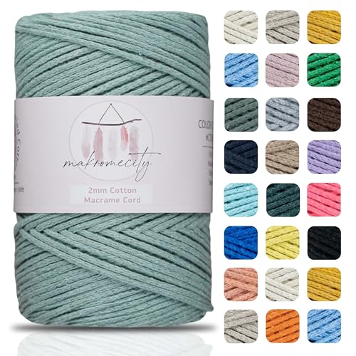 Makromecity, Cotton Macrame Cord 2mm x 195 Yards (590 feet) 2mm Recycled Cotton Crochet Yarn for Macrame Art & Crafts for Wall Hangings, Bags, Underplate, Rug (25 Colors Available) (Crepe Green)