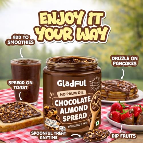 Image of Gladful Chocolate Almond Spread | 300g | No Palm Oil | No Refined Sugar | With Roasted Salted Almond Flakes | Clean Ingredients | Healthy Chocolatey Spread