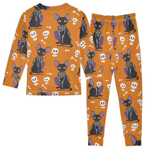 Fustylead Halloween Devon Rex Cat and Skull Cotton Pajamas Long Sleeve Sleepwear Lounge Set2