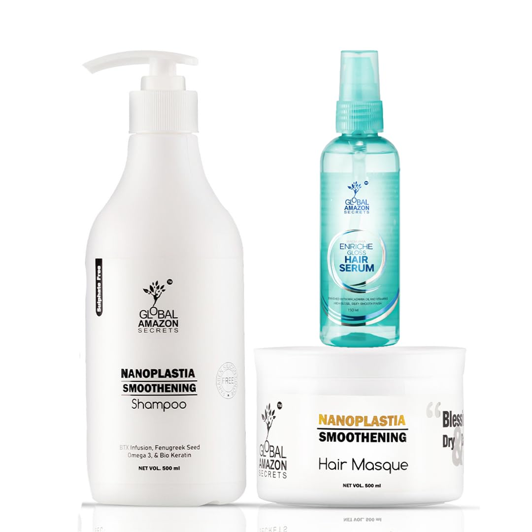 Global Amazon Secrets Nanoplastia Hair Smoothening Shampoo and Hair Masque, 500ml Each, With Enriche Gloss Shine Serum 100ml BTX Infusion with Fenugreek and Biokeratin (Pack of 3)-image-47