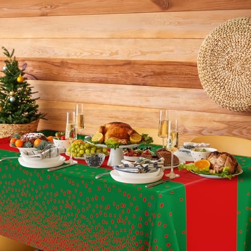 Image of Oudain 6 Pcs Green and Red Tablecloth for Parties Plastic Dot Tablecloths Printed Table Runner Waterproof Disposable Rectangle Table Cover for Christmas Birthday Wedding Party, 54 inch x 108 inch