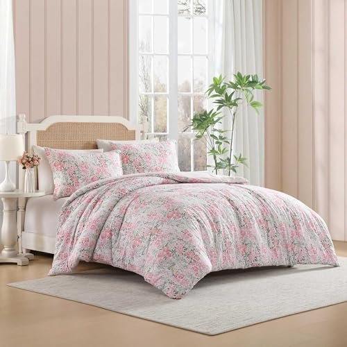 Image of Laura Ashley - Comforter Set, Soft & Breathable Bedding with Matching Shams, Romantic Floral Design (Heather Garden Pink, King)