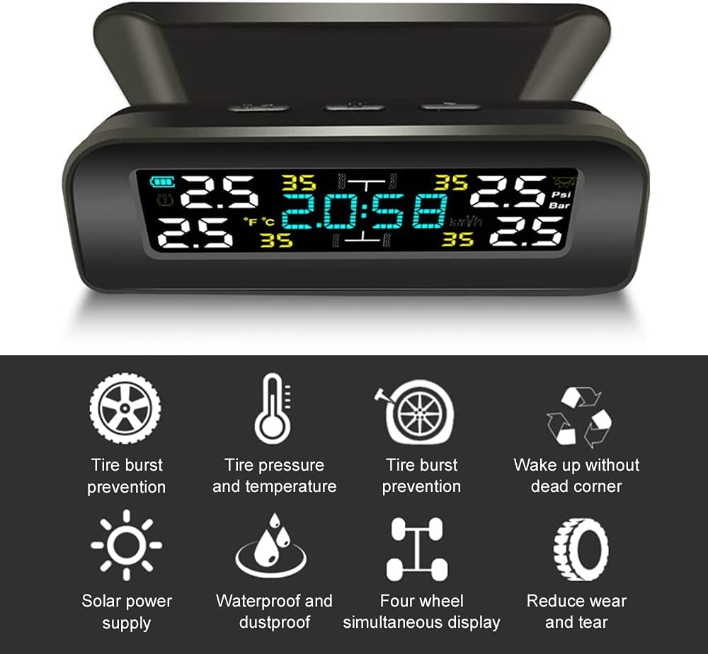 Tpms Sistema di monitoraggio della pressione dei pneumatici wireless universale Orologio a energia solare Display 4 sensori di pressione dei pneumatici esterni Pressione Pneumatici(External Sensor)