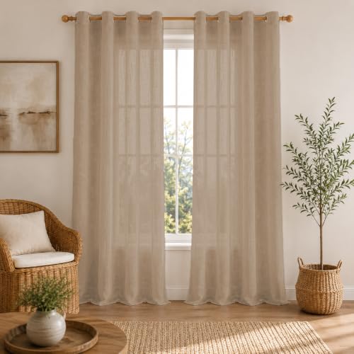 Image of LINENWALAS Aesthetic Sheer Curtains 5 Feet Long Set of 2, Poly Linen Shrink & Fade Proof Drapes for Window, Semi Transparent Modern Panels with Grommet Hanging for Living Room (Brown /5 Feet)