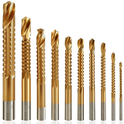 JONMON 10 Pack Titanium Coated HSS Twist Drill Bits - 3-13mm Serrated Drilling Grooving Side Cutting Drill Bit Woodworking Hole Enlarging Tools for Wood Plastic Aluminum Thin Metal