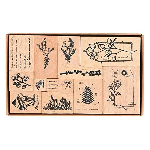 Wooden Rubber Stamps, NogaMoga 12pcs Plant Patterns Rubber Stamp with 11 Sizes, Decor Stamps for Card, DIY, Paper Craft, Bullet Journal, Photo Album, Hand Book, Planner, Scrapbooking Cover