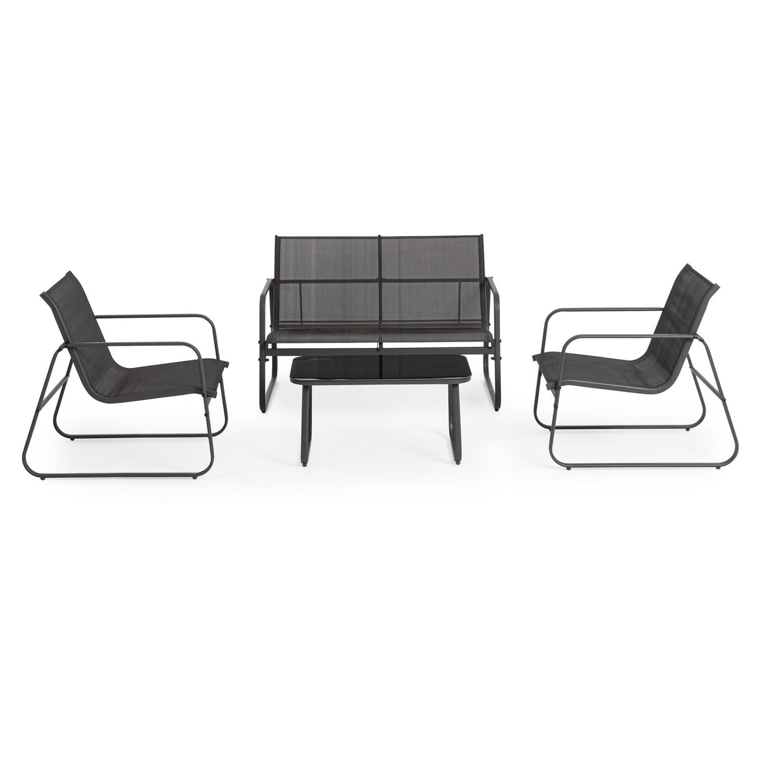 Bizzotto Set Salotto da Giardino Gonzalo, 4 Pezzi, Divano, 2 Poltrone e Tavolino, Struttura in Metallo, Tessuto Mesh, Antracite