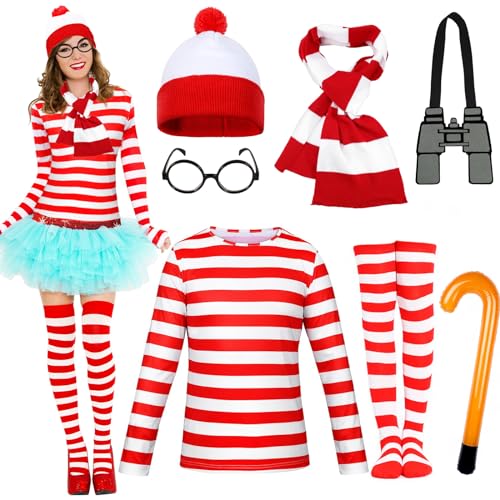 Wally   Conjunto de disfraz para adultos y niños, conjunto de accesorios a rayas rojas y blancas, disfraz de personaje de Wally, disfraz de la semana del libro, disfraz con camiseta, gorro, gafas