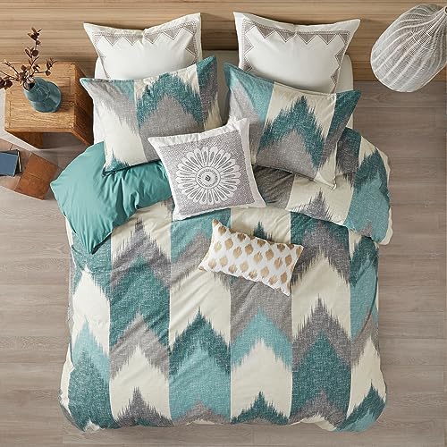 Image of Ink+Ivy Queen Size Comforter Set, Cozy Cotton Comforter, All Season, Lightweight Comforter Queen Bed Set with 2 Matching Shams, Modern Cabin Lodge Ikat Chevron Design, Aqua Full /Queen 3 Piece