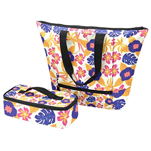 Sac fourre-tout et boîte à déjeuner isotherme au motif fleurs et feuilles multicolore