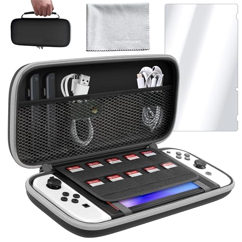 Protective Shell Carrying Case For Nintendo Switch/OLED – Protection Kit w/ Game Cartridge Holder, Water-Resistant Shell, Microfiber Towel & Screen Protector, Ultimate Travel Companion Bundle