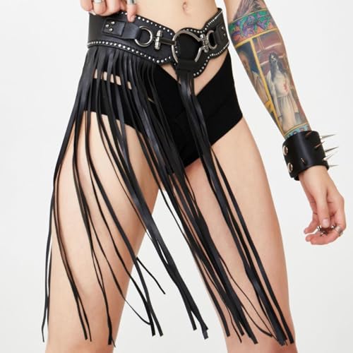 1pc Corpiños Para Leather Belt for Women Womens Black Leather Belt Punk Leather Waist Chain Fringe Belt3