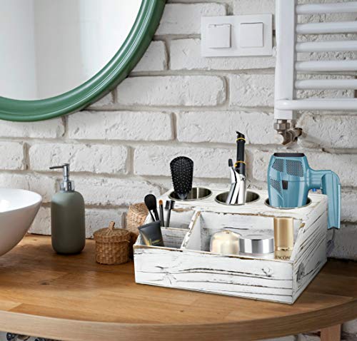 Rustic Wood Hair Dryer Holder, Hair Styling Care Tool Organizer, Bathroom Supplies Countertop Storage Stand and Vanity Caddy for Blow Dryer Flat Iron Curling Wand Hair Straightener Brushes (White)