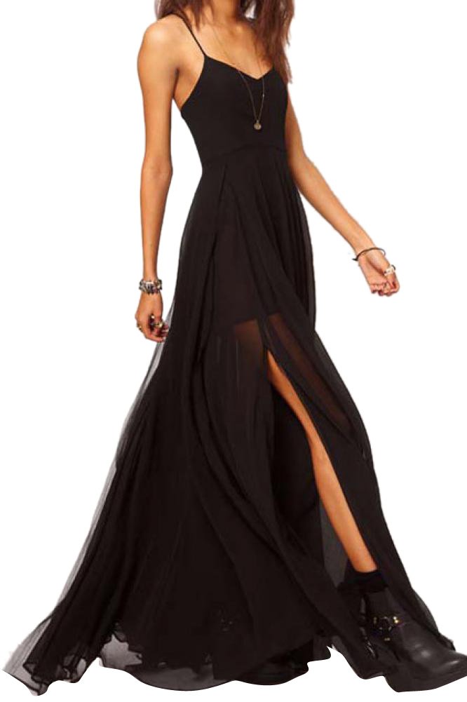 Friendshop Double-layered Split Side Black Swing Sexy Maxi Dress