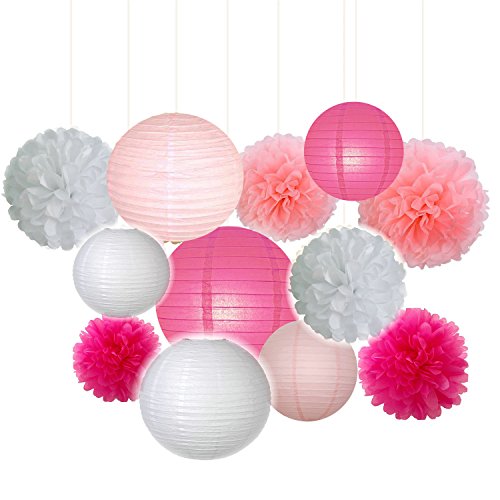 Fascola Set of 12 ( White,Pink,Hot pink ) 20cm Gold Pink White Paper Crafts Tissue Paper Lanterns Paper Pom Poms for Valentines Birthday Wedding Party Decoration