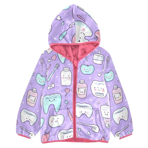GuoChe Cute Teeth and Objects Dental Care on Purple 1_4 Girls Sherpa Jacket With Hood