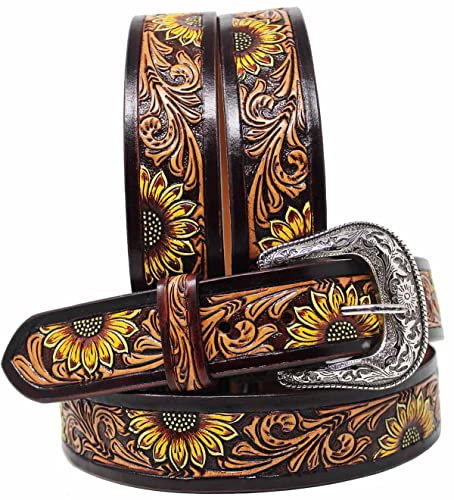 CHALLENGER 35-36 Western 1 1/2" Wide Rodeo Fashion Sunflower Tooled Leather Belt 26FK092