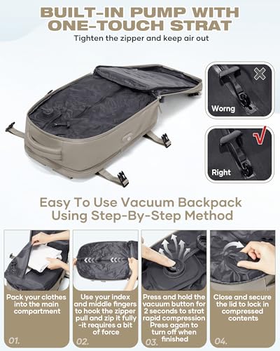 Image of suradar Vacuum Seal Travel Backpack Built-in Pump,Air Compression System Vacuum Vacpack Travel Bag for Women Men Carry On Suitcase Luggage Laptop Airlines Approved Daypack Space Saver Bags Grey Brown