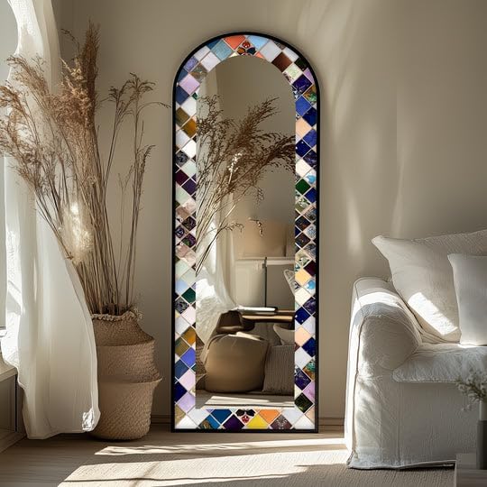 Mosaico Mirage - Specchio da pavimento ad arco a lunghezza intera, 50 x 160 cm (larghezza x altezza), con cornice nera e cornice nera