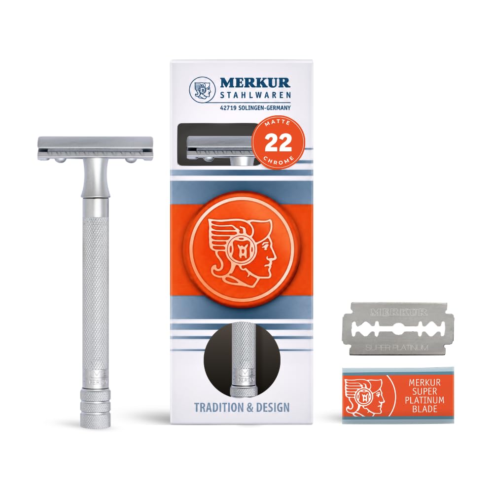 MERKUR Maquinilla de afeitar cromada mate satinado 22C, de tres piezas con corte recto, peine cerrado, ideal para afeitado en húmedo, zinc fundido a presión, mango de latón, fabricado en Alemania