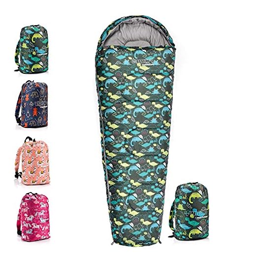 meteor Saco Dormir Tipo Momia con Capucha - para Niños en Viaje Camping Funda vivac Festival Hotel Portátil con Mochila YMER ((130 + 25) x 60/40 cm, Dino)